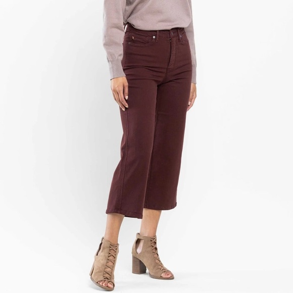Judy Blue Denim - Judy Blue Women’s Tummy Control Garment Dyed Wide Leg Oxblood Crop Jeans Sz 9